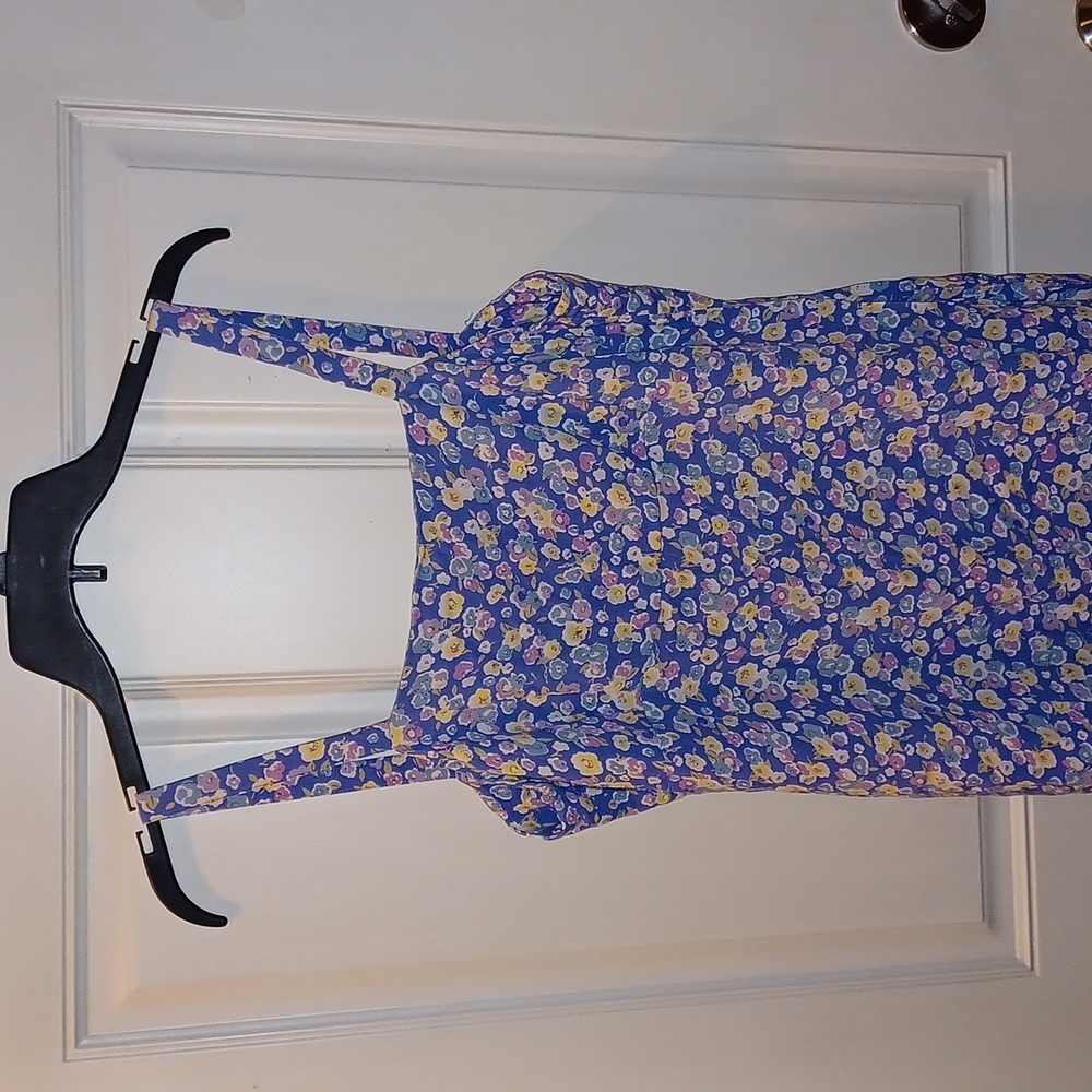 next UK Gorgeous blue/floral soft mini dress W/High waist & back zip NEW COND